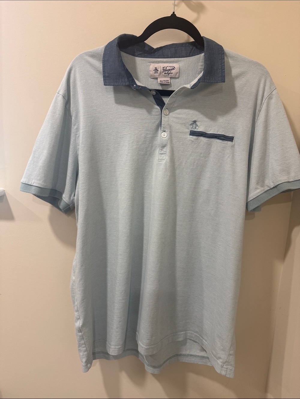 Original Penguin Men’s Pale Blue Polo with Navy Contrast Collar